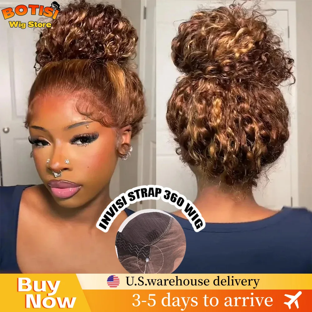 

Botisi 360 Lace Wig Invisible Drawstring Curly Wig Human Hair Deep Wave Wigs Highlight Wig Human Hair Water Wave Brazilian Hair