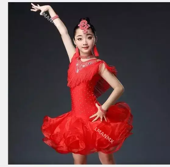 Robe de danse latine à glands pour filles, vêtements de danse latine pour enfants, Costumes de spectacle de Salsa pour filles, robe de patinage à paillettes, tenues Rave