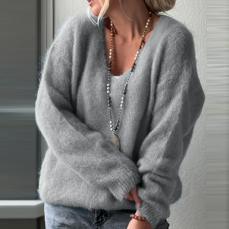 Jerséis sueltos Wram a la moda de invierno para mujer, suéter suave elegante con cuello en V, Tops informales de manga larga, blusa de punto de Color sólido