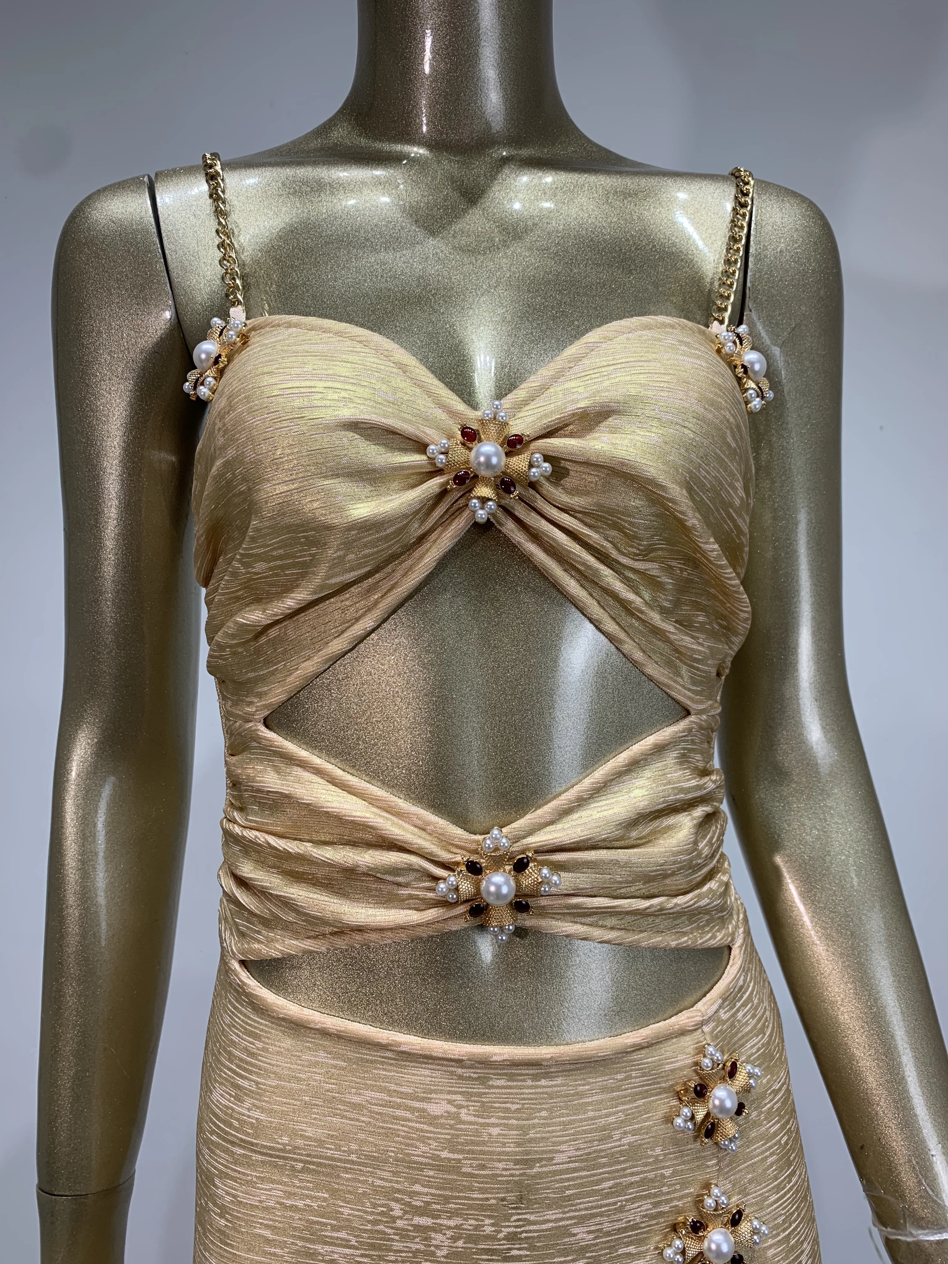 レディース サマー ゴールド ブロンズ バンテージ ドレス スパゲッティストラップ カットアウト オープンレッグ ミディ丈 カーフ丈 セレブリティ イブニング クラブ パーティー ドレス 誕生日