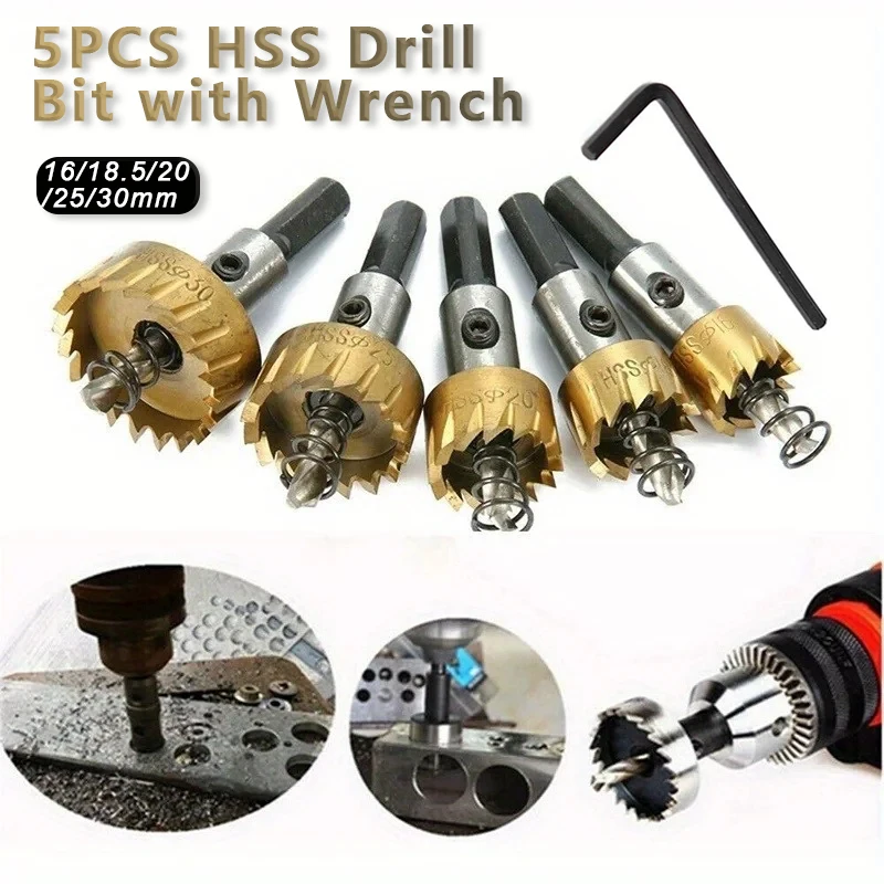 

5pcs Titanium-Coated HSS Drill Bit Set with Wrench - High-Speed Steel Precision Sizes (16mm-30mm) for Metal & Stainless Steel