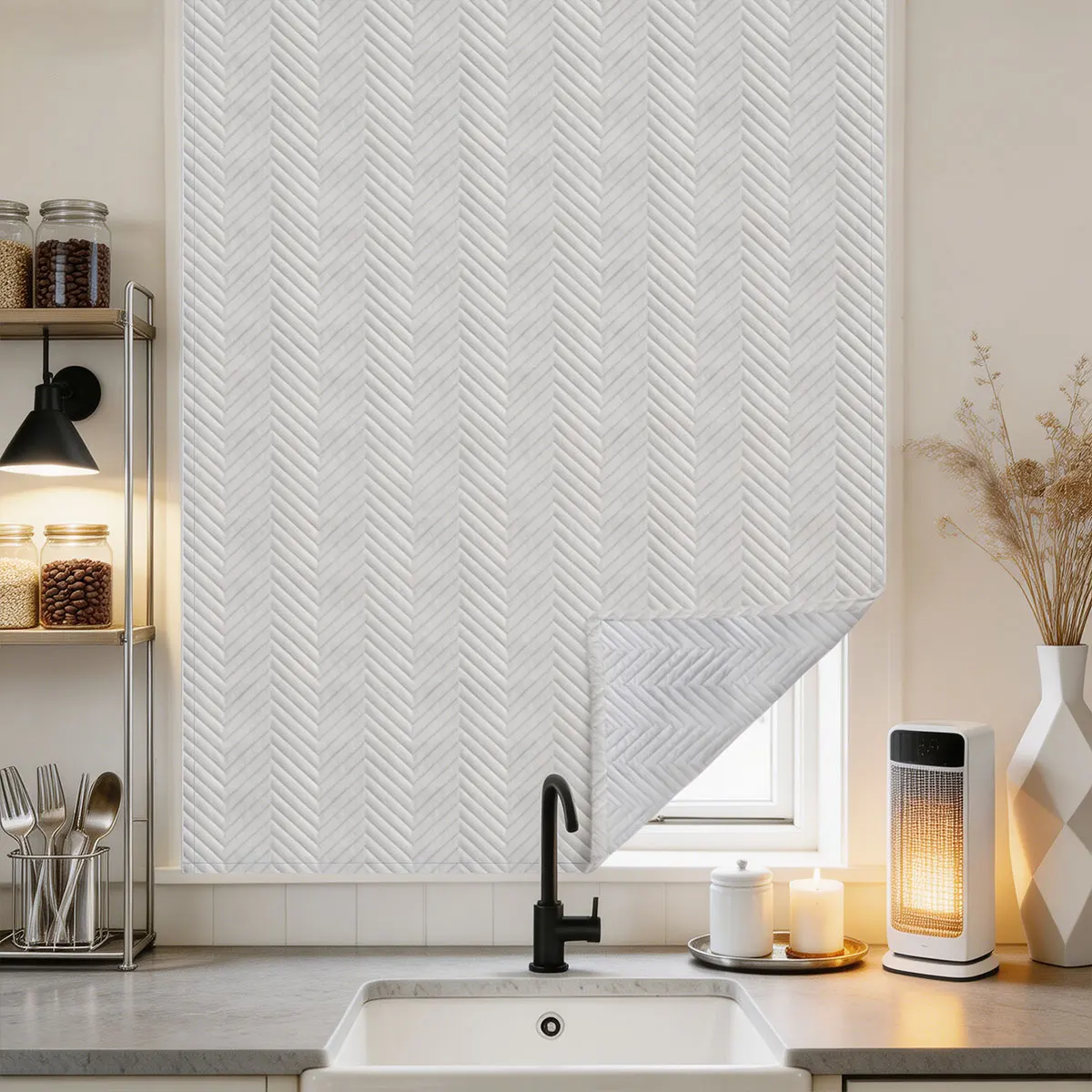 Thick Quilted Cotton Cold Proof Window Curtain, Self-Adhesive Magic Tape Light Filter Window Cover for Rental Apartment Small Wi