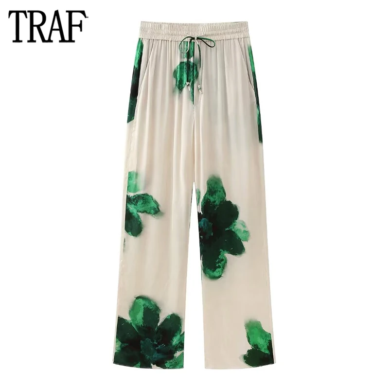 

TRAF 2024 Print Baggy Pants Woman Pleated Mid Rise Pants for Women Pyjama Style Casual Woman Trousers Summer Straight Leg Pants