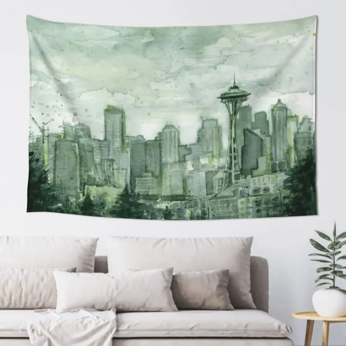 Seattle Skyline Space Needle Watercolor Painting Tapestry Tapete For The Wall Cute Room Things Tapestry