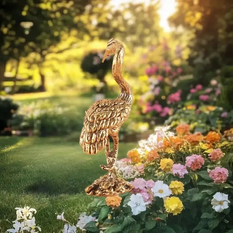 △ 1 Piece Miniatures Desktop Ornament Brass Red Crowned Crane Figurines Living Room Decoration Crafts Small Animal Statue Decor