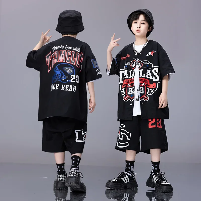 Boys Hip Hop Clothing Dark Green Baseball Uniform Tops Axe print shorts for Girls Kids Jazz Dance Costume Clothes