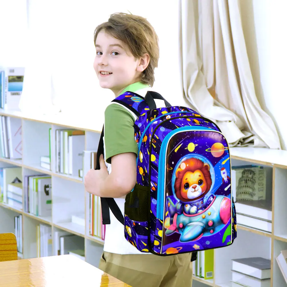 3Pcs Boys 16" Galaxy Space Lion Rocket Backpack Set Kids School Bag with Handbag Pencil Pouch for Elementary Little Boys view 6