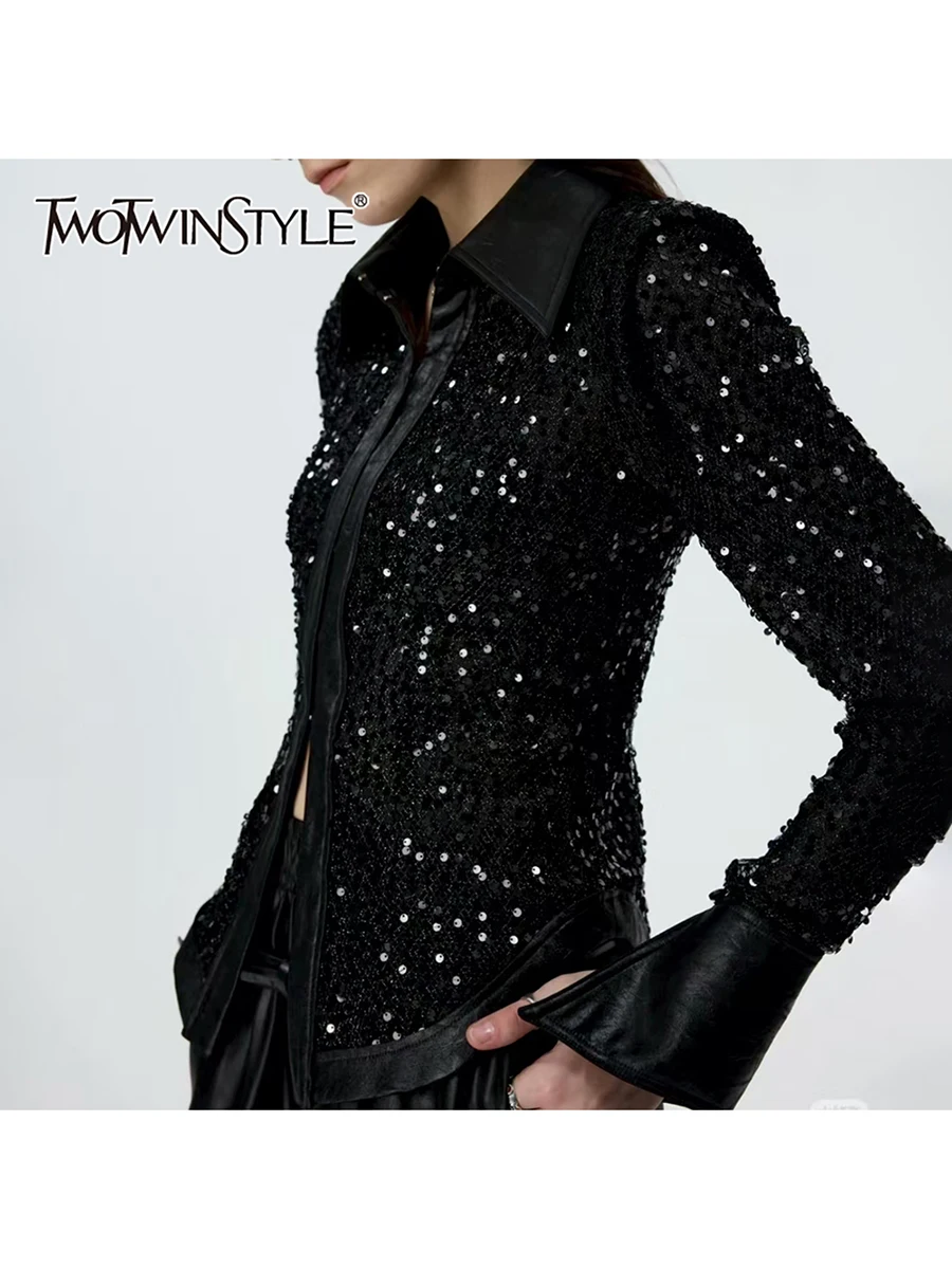 

TWOTWINSTYLE утягивающие модные куртки с блестками для женщин, уличная куртка с лацканами и длинными рукавами, женская одежда, новинка