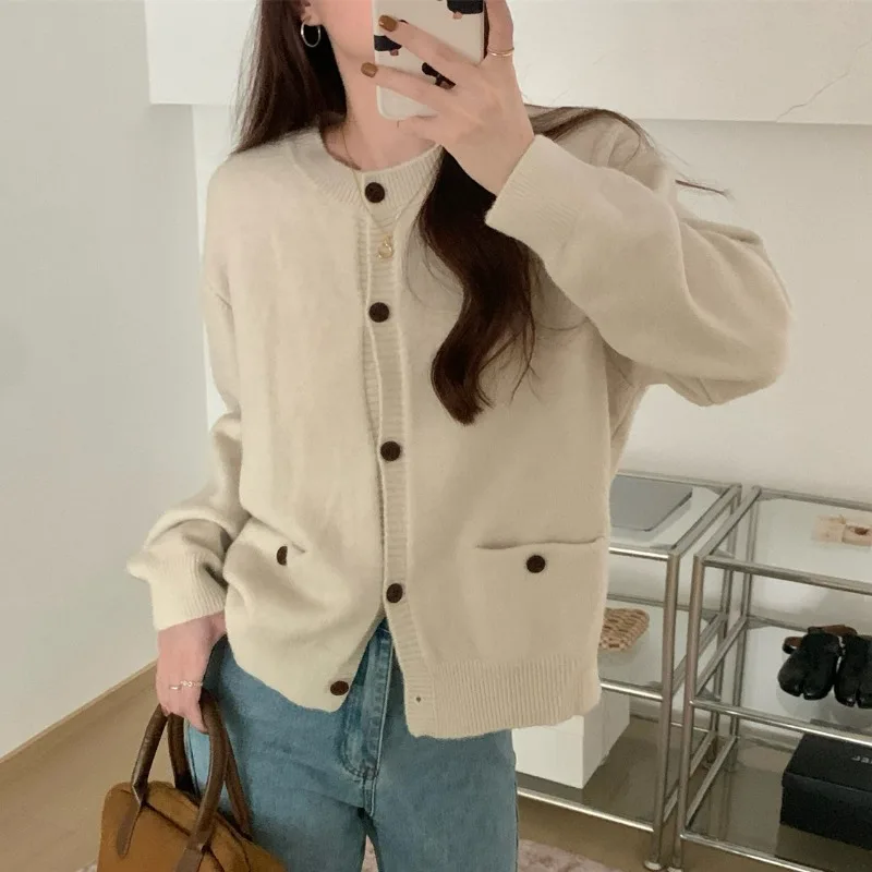 Women Knitted Cardigan Sweaters Solid Short Jumper Pocket Round Neck Long Sleeve Single Breasted Loose Casual 2025 Autumn Winter