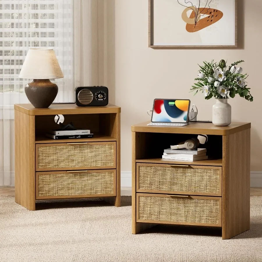 Rattan Nightstands, Set of 2, Natural Oak