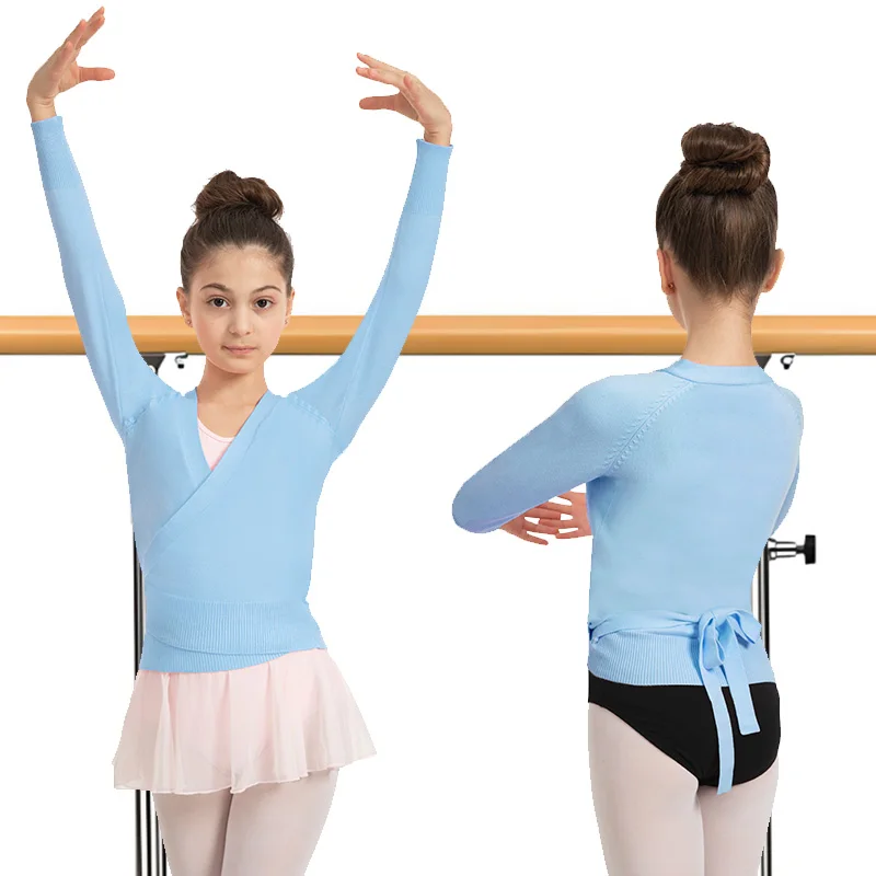 ﻿   Leotardos de baile de Ballet de manga larga con cuello en V para mujer, suéter envolvente de baile gimnástico para niños y adultos con correa en la cintura, suéter de baile