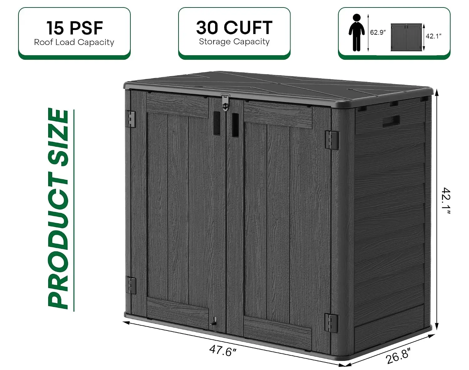 Waterproof Resin Outdoor Storage Shed 31 Cu Ft, Weather-Resistant Garden Trash Cabinet with Lockable Doors, Customized