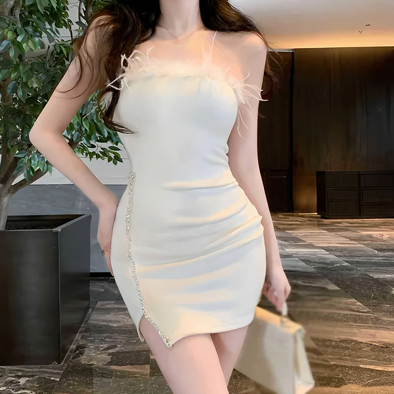 

Ruffle Bodycon Dress Plush Stitching Tube Dress Hottie Streetwear Short Style Slits Design Slim Fitting Sexy Hip Wrap Evening