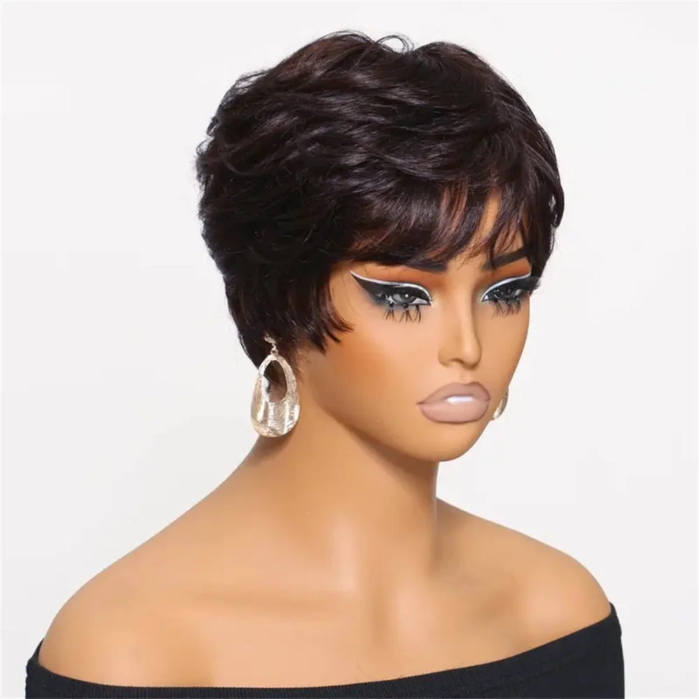 

Парик с стрижкой пикси, короткий парик из человеческих волос с челкой для женщин, полный машинный парик