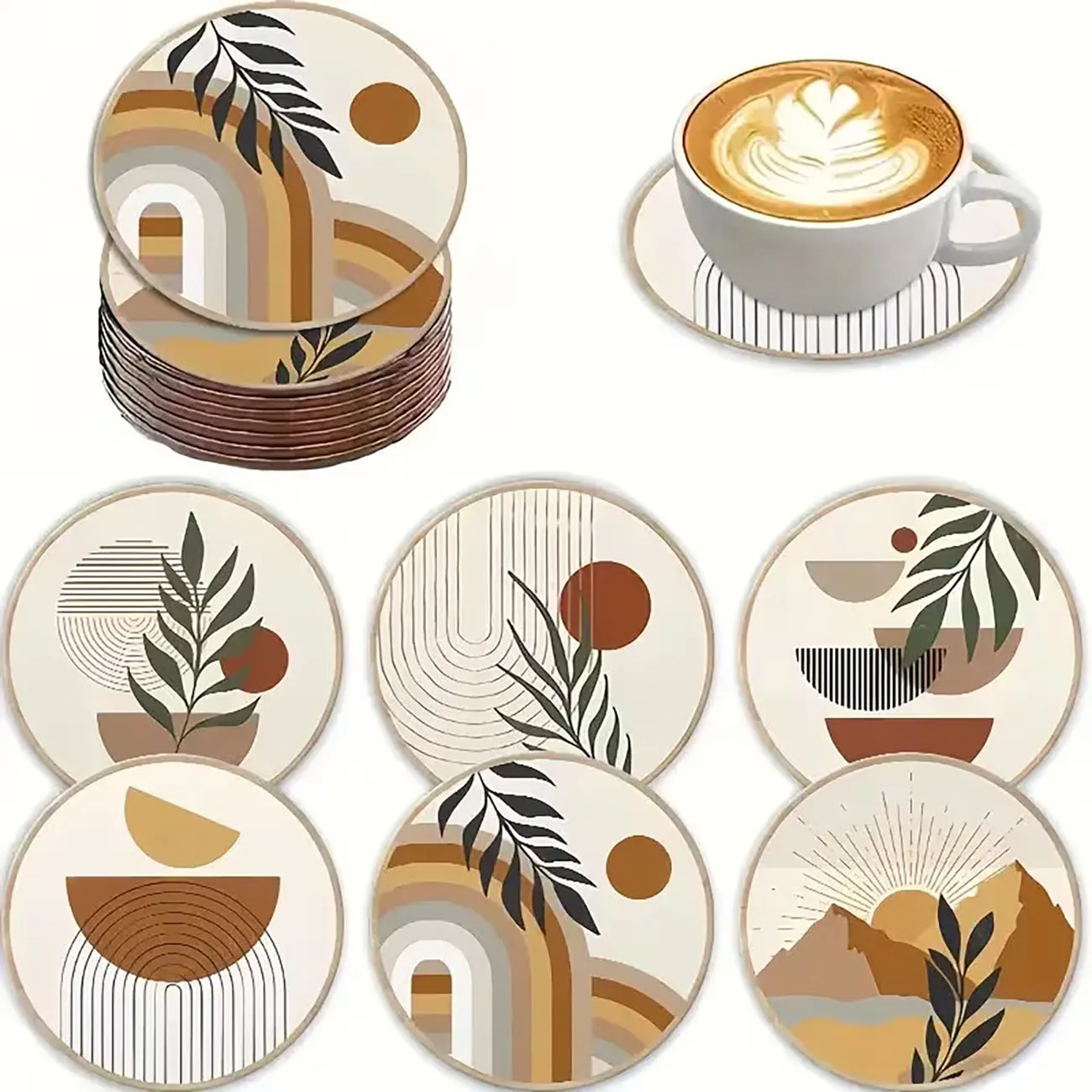 6Pcs Neutral Tone Boho Wood Coasters, Heat-Resistant Non-slip Drink Mats for Table