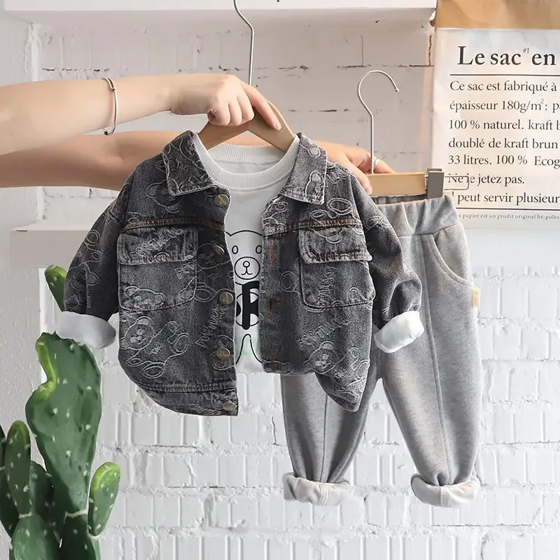 Children Fashion Suit Spring Kids Boy Girl Denim Coat T-shirt Pants 3Pcs/Set Toddler Clothing Infant Sportswear 0-5 Years