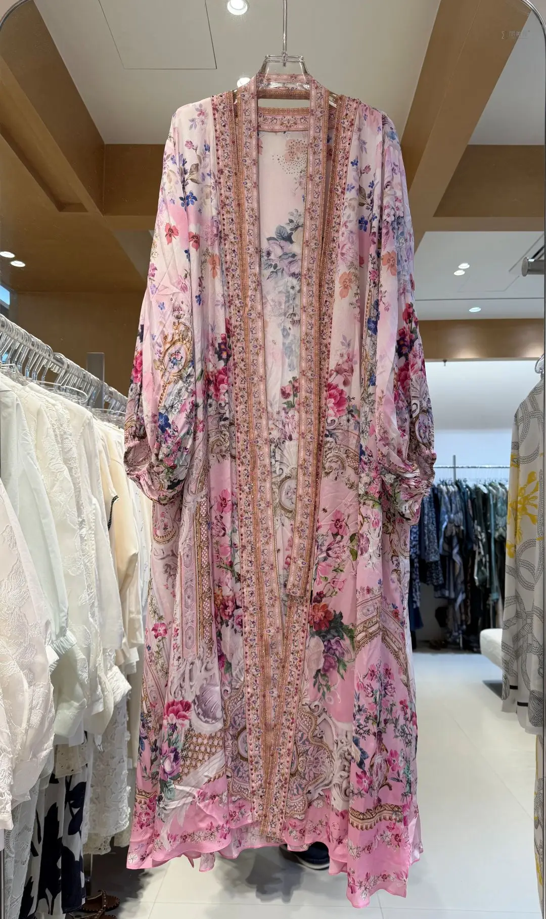 Crystal Beaded Women Floral Print Pink Set V-Neck Sleeveless High Waist Sling Dress + Lantern Sleeve Coat Elegant Silk Suit image 2