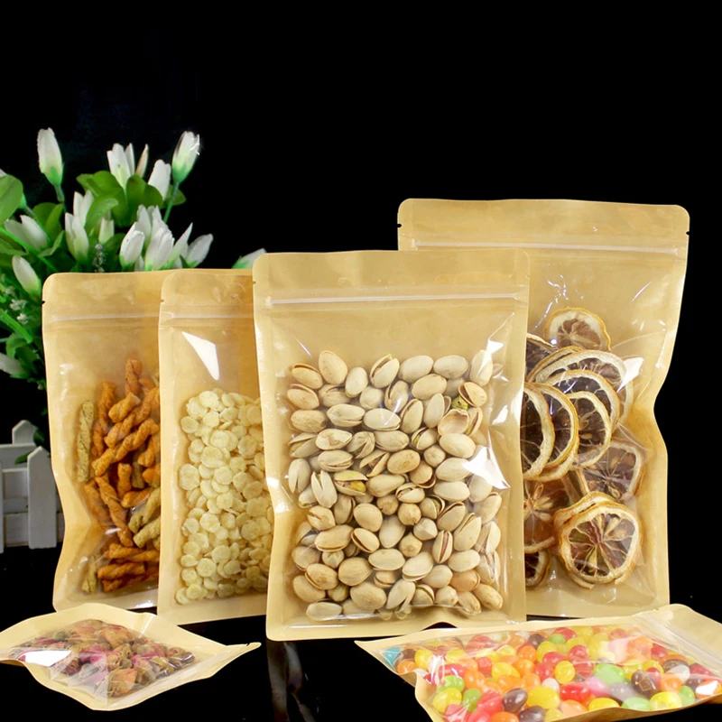 

50pcs Flat Reclosable One Side Clear Kraft Paper Storage Zip Lock Bag Snack Nut Candy Capsule Bean Cereal Gift Packaging Pouches