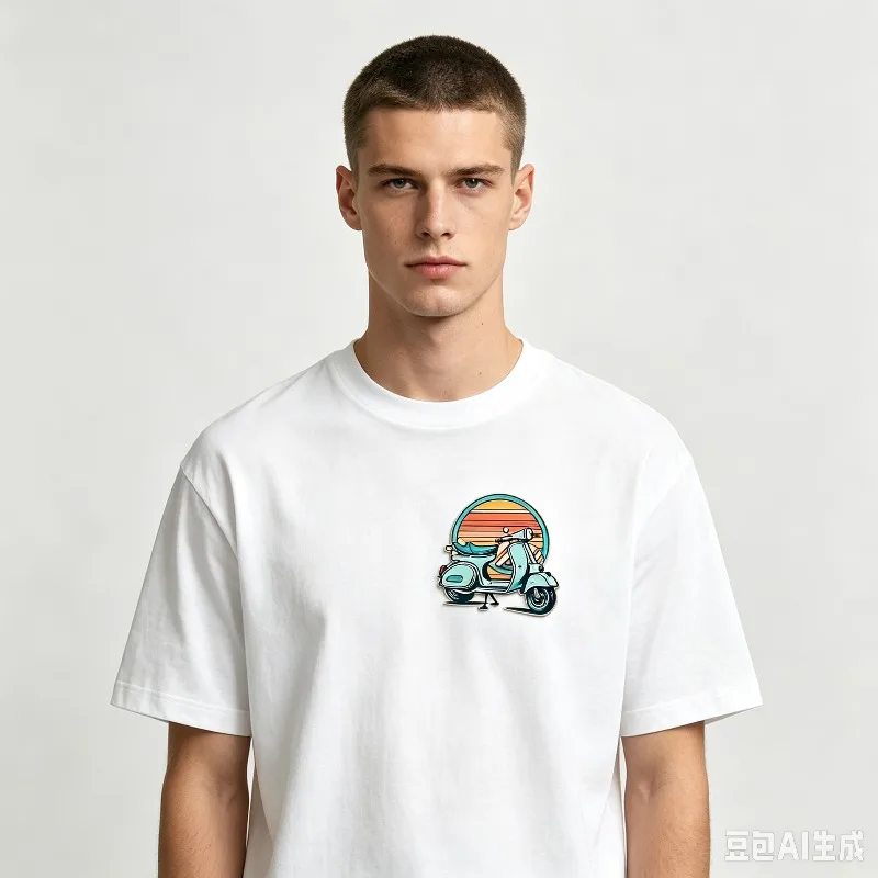 Retro Scooter Sunset Print T-Shirt Men’s Vintage City Graphic Soft Modal Crewneck Tee Casual Top for Street Travel Beach Wear