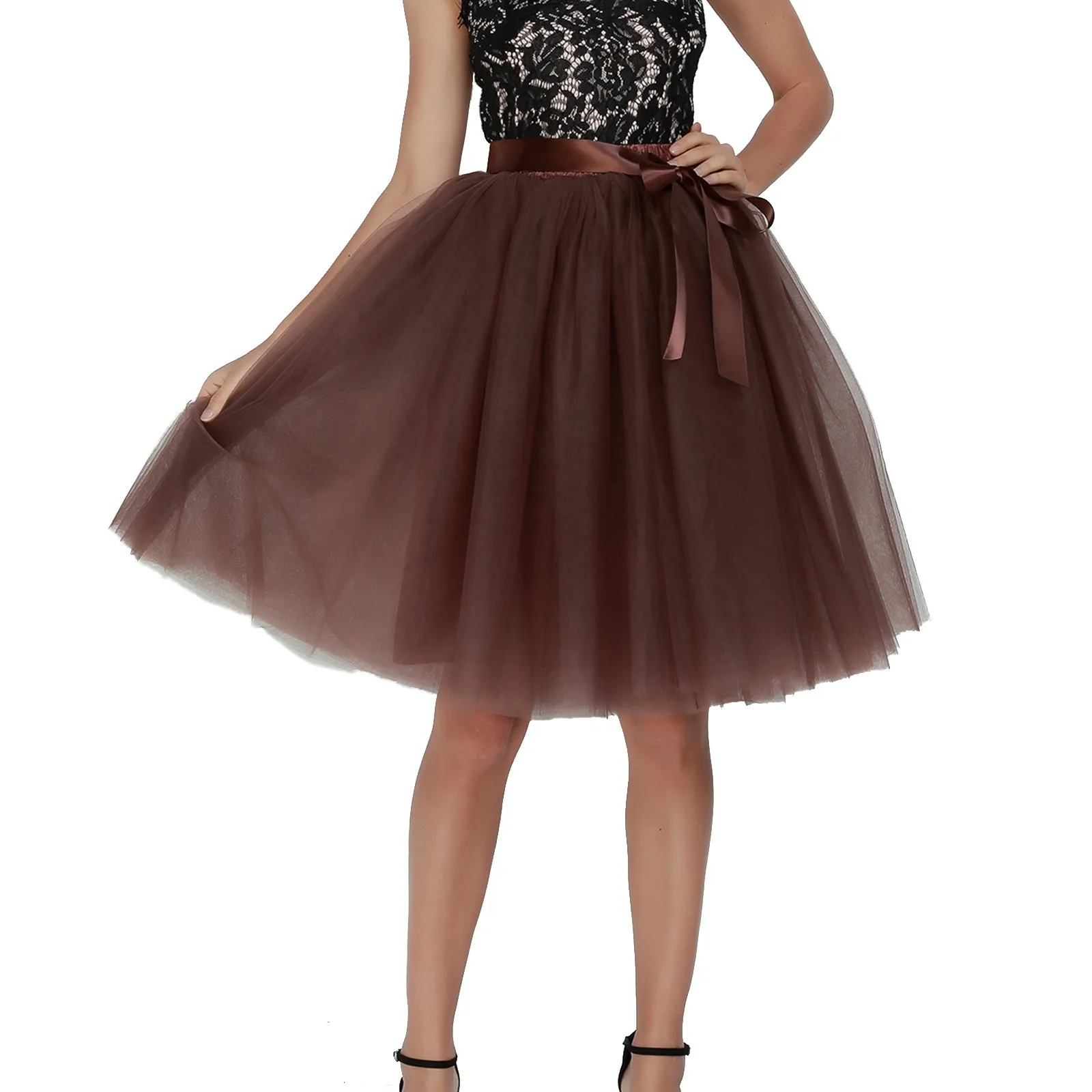 

Knee Length Women A-Line Tulle Skirts Lace Up Multi Layered Tulle Petticoat Midi Skirt Dance Party Tutu Skirts Multi Color