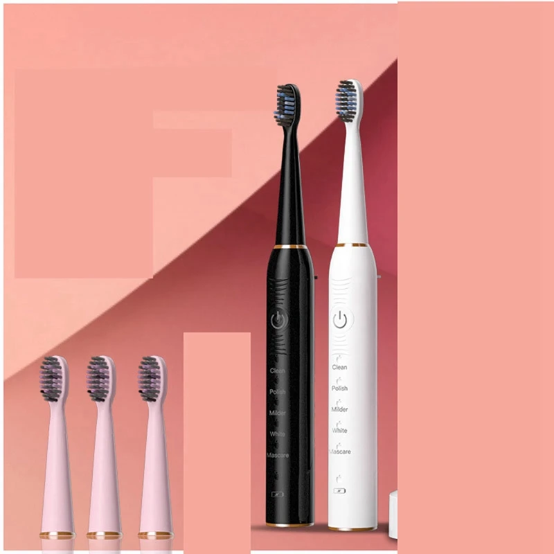 Escova de dentes elétrica sônica para adultos e crianças vibrador ultrassônico branqueador IPX7 4 cabeça de escova tipo bateria rosa