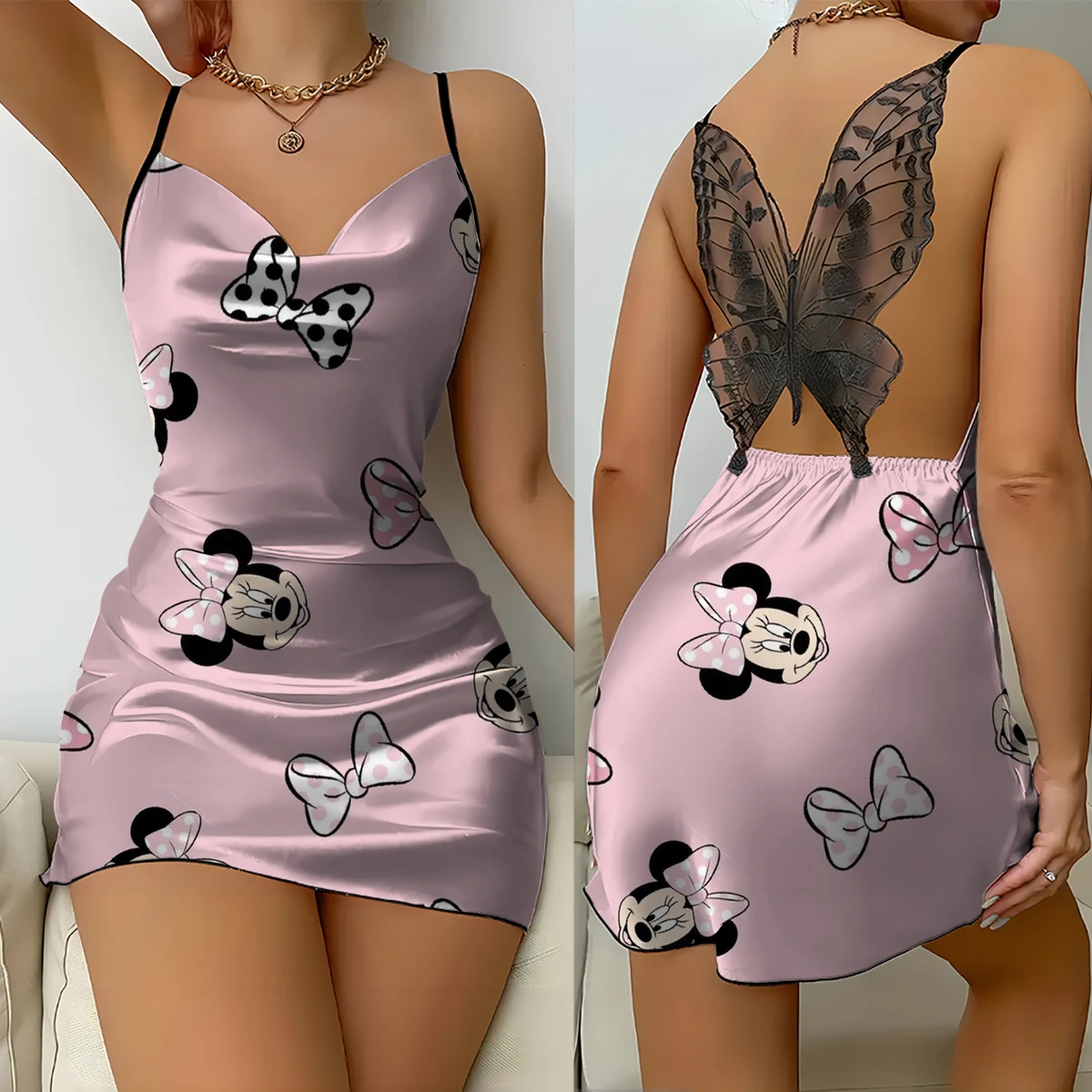 Pyjama imprimé Minnie Mouse pour femme, chemise de nuit à bretelles, col en V, simple, mode, été, sexy