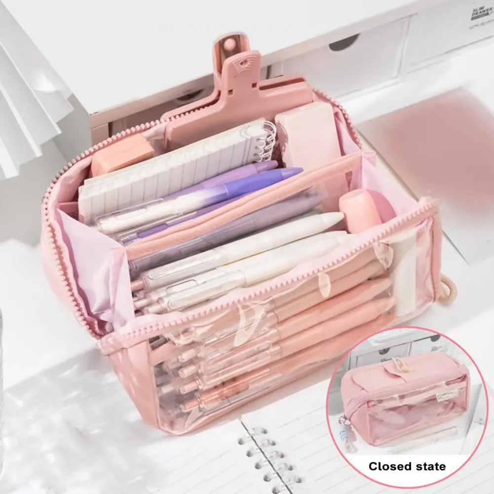 Mesh Pocket Pencil Bag Durable Versatile 3-layer Transparent Pencil Case Capacity Stationery Organizer for School Supplies Pen