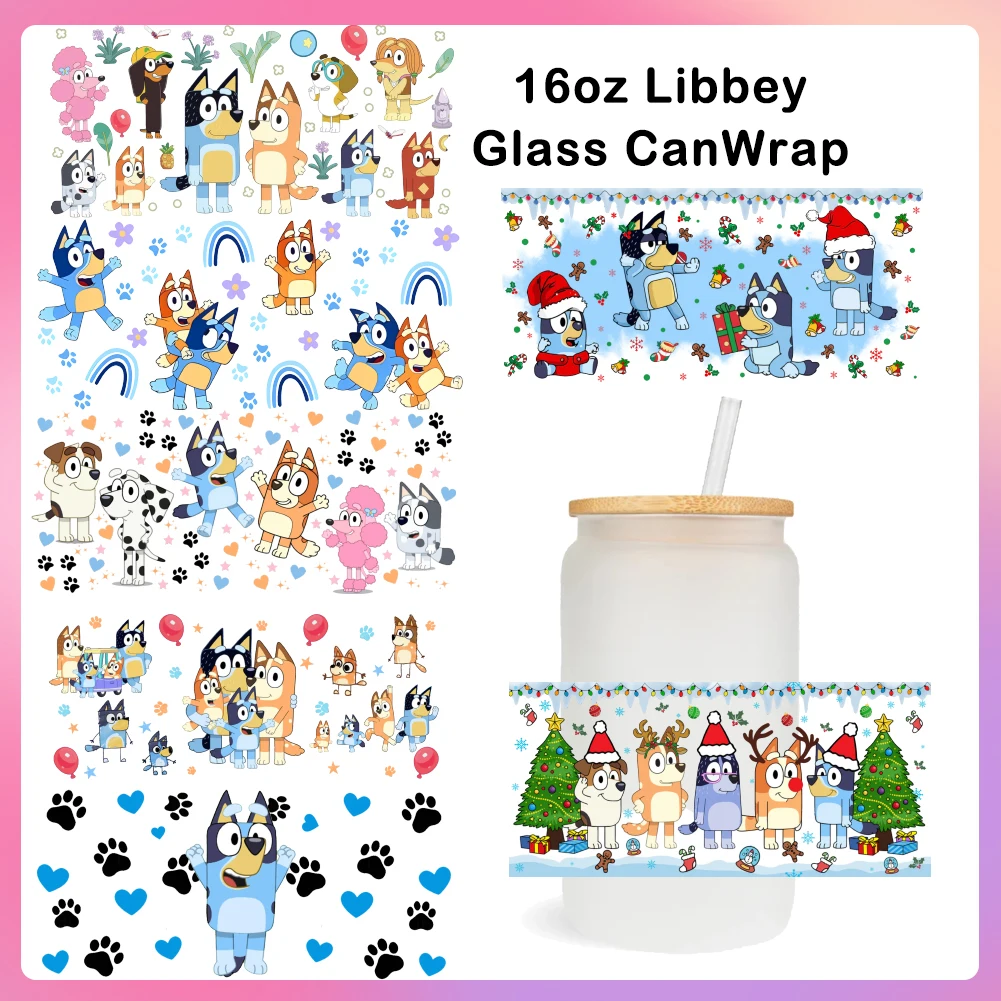 Blue Christmas dog For liberbey 16oz Can Glass 3D Waterproof UV DTF Coffee Can Wrap