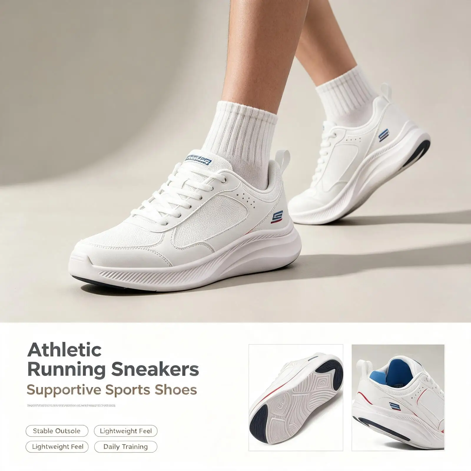 Skechers White Blue Red Running Shoes Breathable Mesh Athletic Sneakers, Comfortable Cushioned Sports Shoes