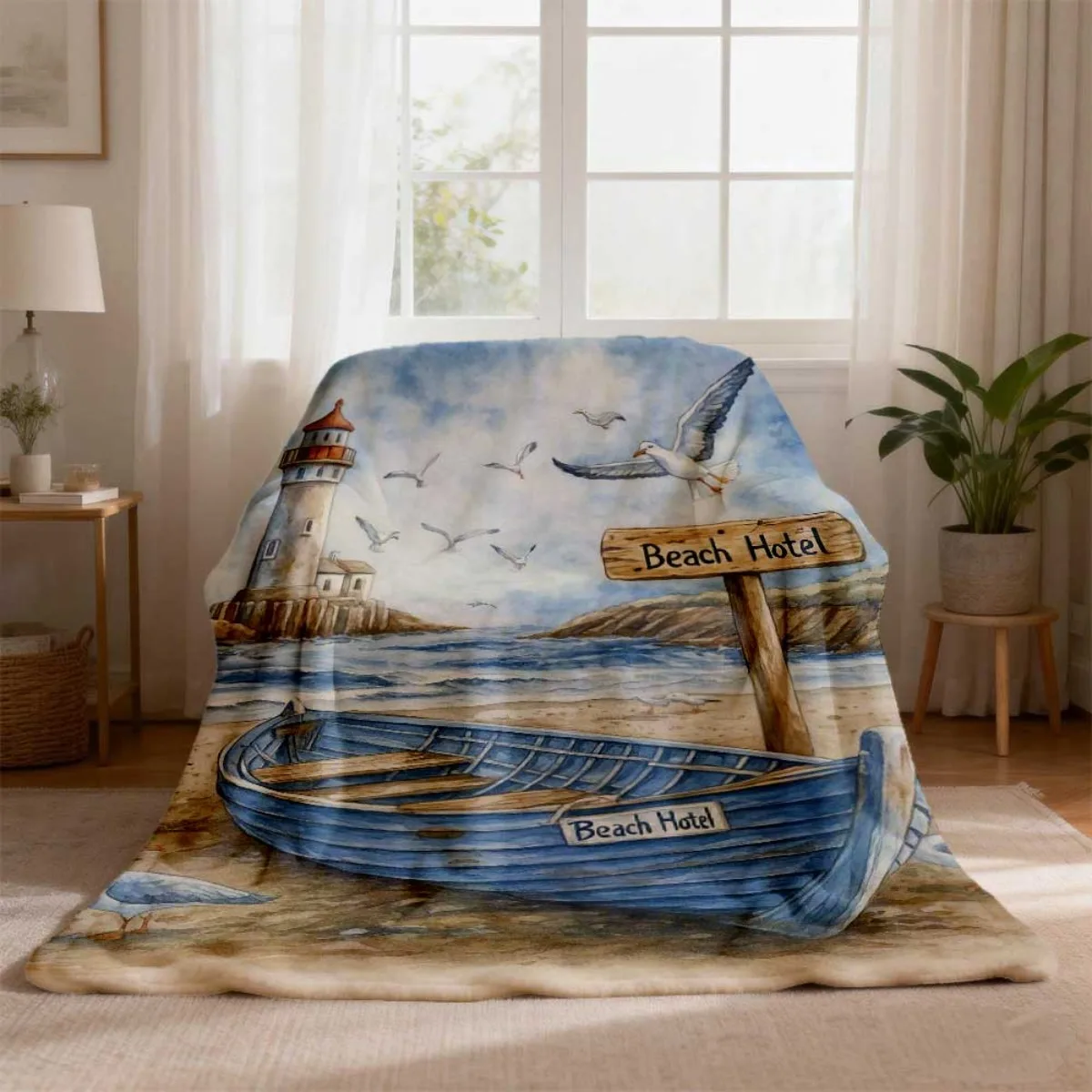 2026 Latest Flannel Blanket Cozy Flannel Blanket with Nautical Sailboat Design Hypoallergenic Fabric, Digital Print, Versatile for All Seasons, Perfect for Bed, Sofa, Camping, Travel, Car, Chair, Room Decor Ideal G
