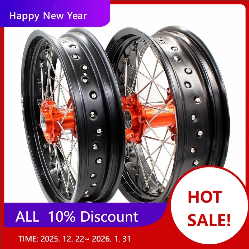 

【2025】 17-дюймовый комплект колес Supermoto, совместимый с KTM 125 250 450 530cc EXC SXF 2003-2024, оранжевая ступица, черный обод