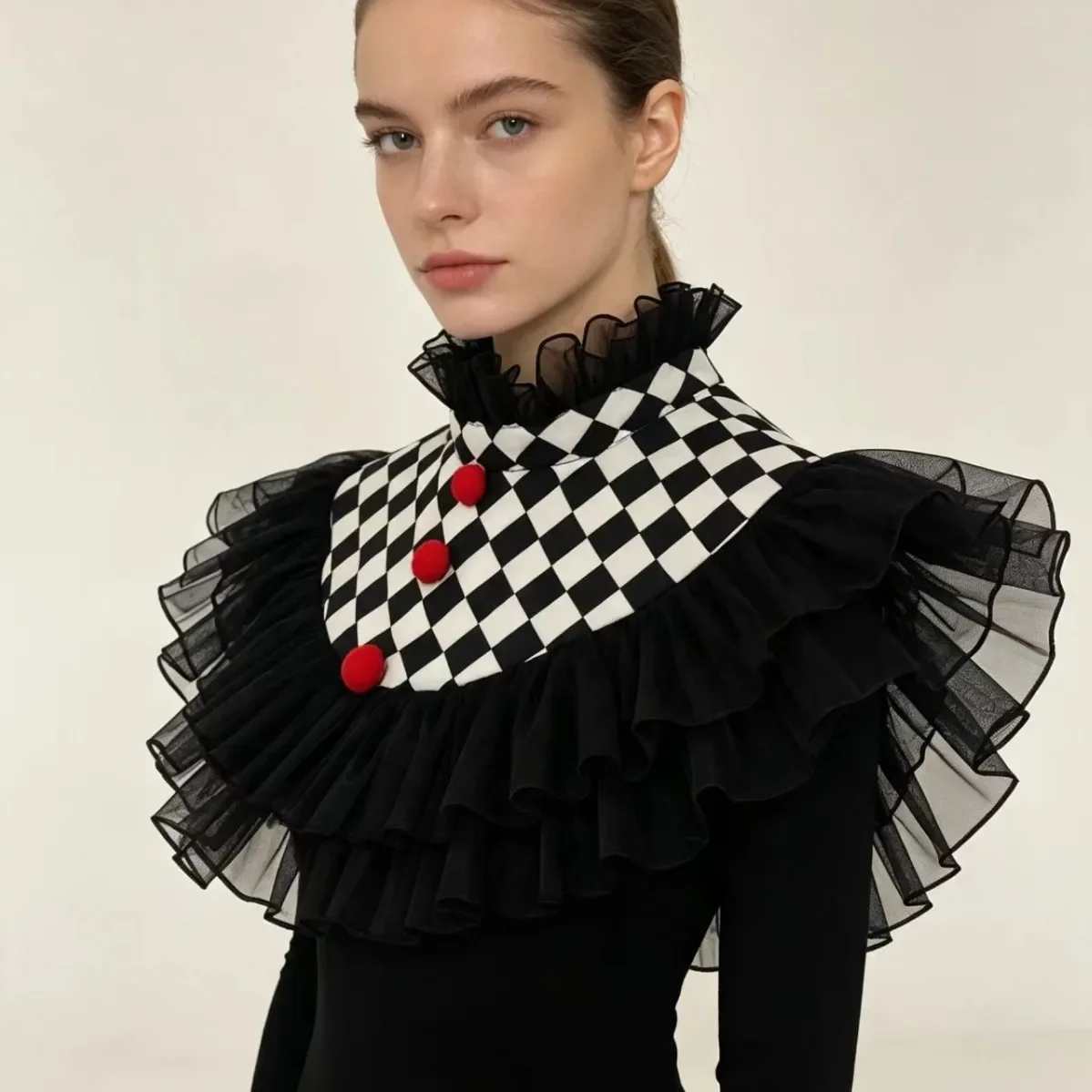 Jester Collar for Party Performance Decoration Black and White Checked Mesh Ruffle Neckline Accessory for Stage Show