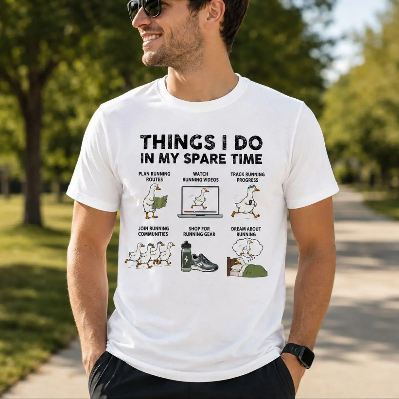 Les activités que je fais dans mon temps libre - T-shirt drôle avec une oie - Pour les passionnés de course - Pour les coureurs - Route Runner - Décontracté - Vintage - Délavé - Mode homme