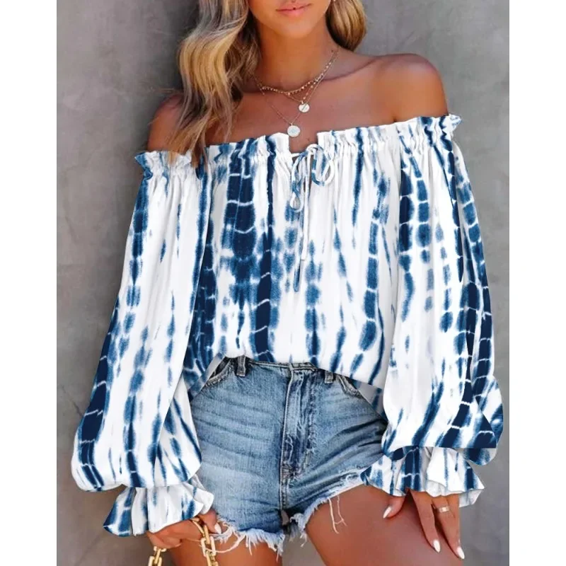 Women Off Shoulder Shirt Blouse Summer Floral Print Casual Long Sleeve Tops T-Shirt V Neck Retro Ethnic Style Loose Women Blouse