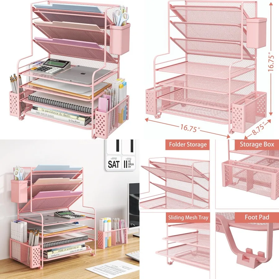 

7 Tier Desk File Organizer with Pen Holder and Metal Hanging Basket for Home Office and Study Room Pink Color Efficient Paper M