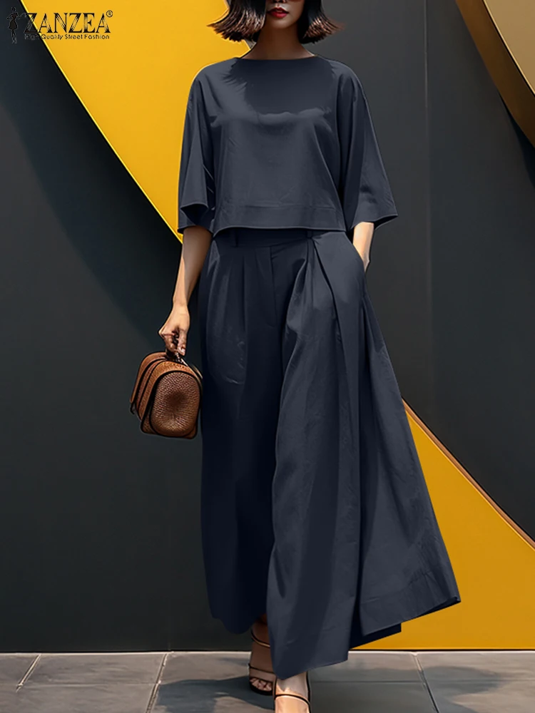 

2025 ZANZEA Autumn Summer Trousers Suits Women 2 Piece Sets 3/4 Sleeve Blouse Pant Sets Stylish Work OL Tracksuit 2PCS Outfits