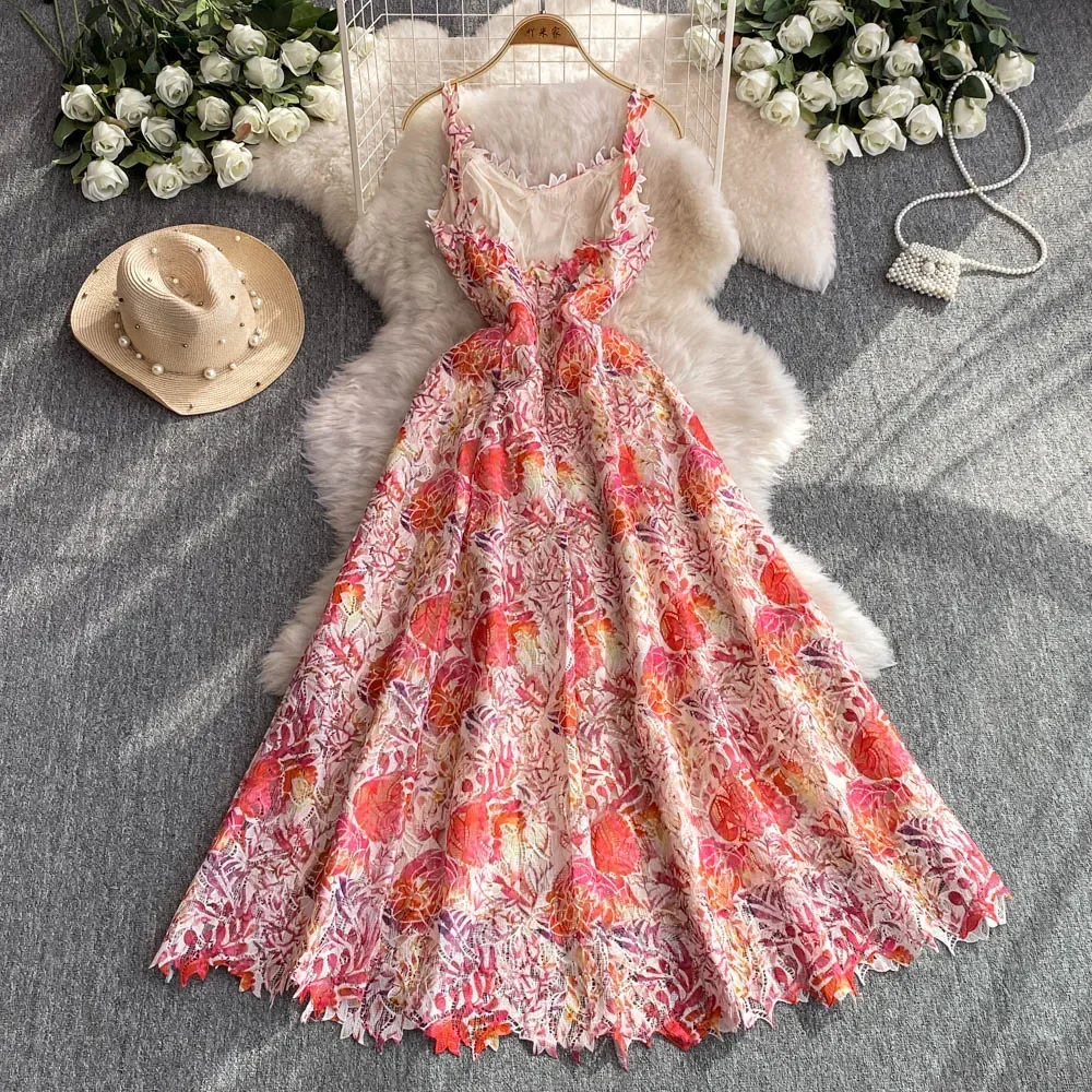 Elegant Lace Casual Sleeveless Chic Hollow Out Print Sexy Straps Dresses Vintage Korean Beach Vacation Women Summer Clothing