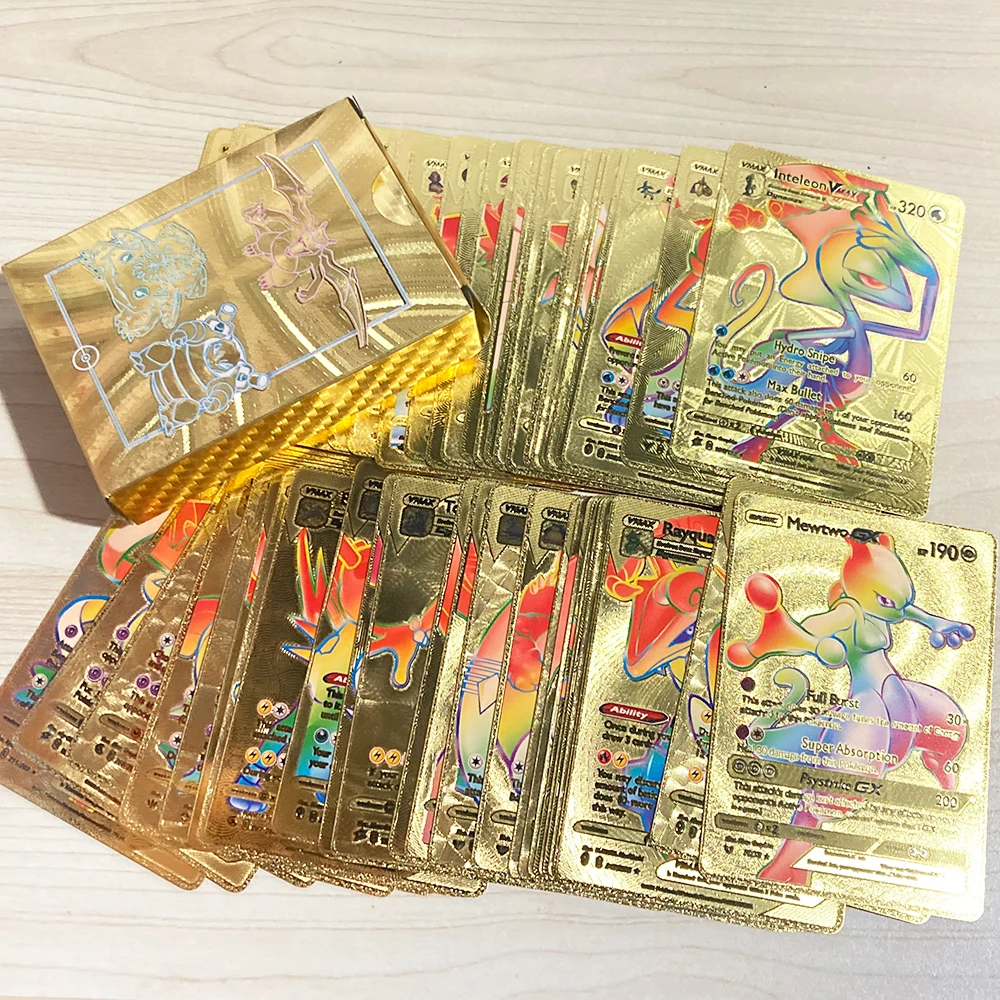 55pcs/Box Pokemon Rainbow Gold Silver Black English Cards Anime Pikachu Charizard Eevee Battle Game Collection Kids Toys Gifts