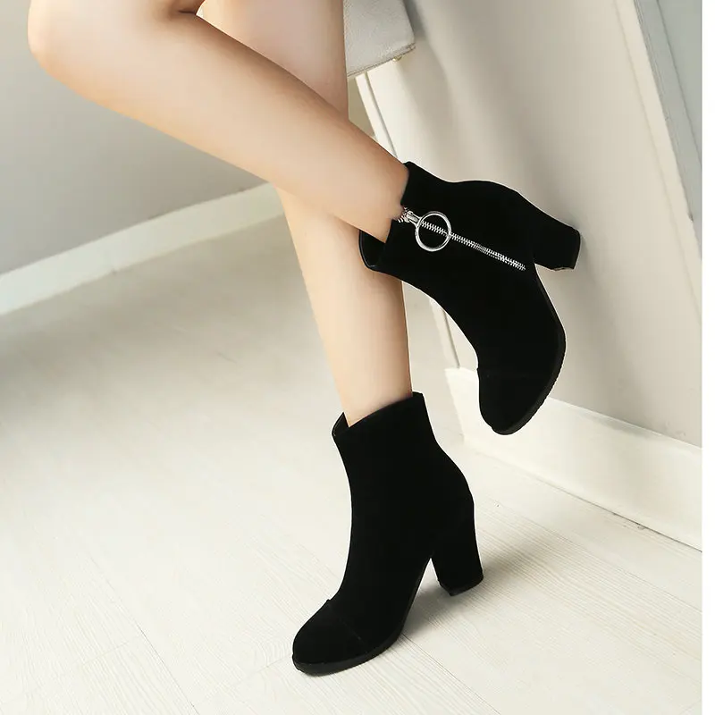 Extra Big Size 33-54 Faux Suede Leather Brown Burgundy Color Winter Shoes  Round Toe Block High Heels Ankle Bootie Short Boots