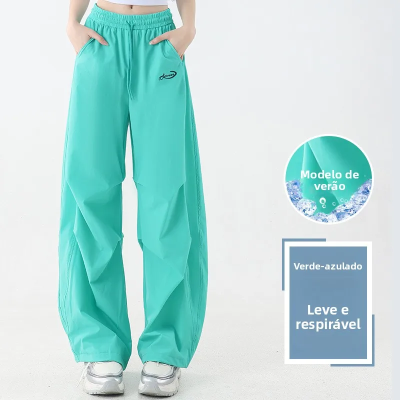 lightweight-loose-high-waist-square-dance-pants-women's-wide-leg-pants-breathable-summer-thin-green-color-drawstring-sporty