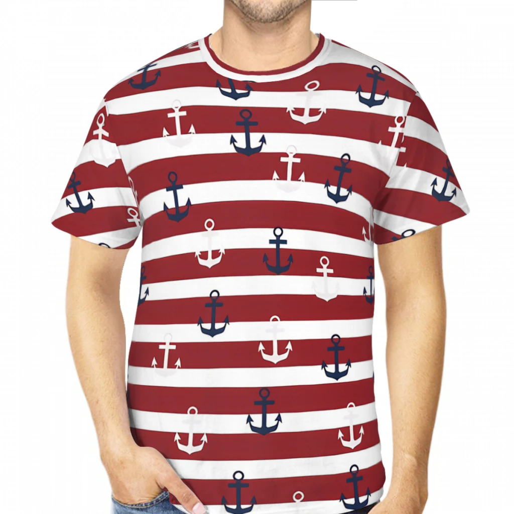 Red Stripes Navy And White Anchor Pattern 3D Print Polyester T-shirt Nautical Art Men Short Sleeve TShirt Oversized