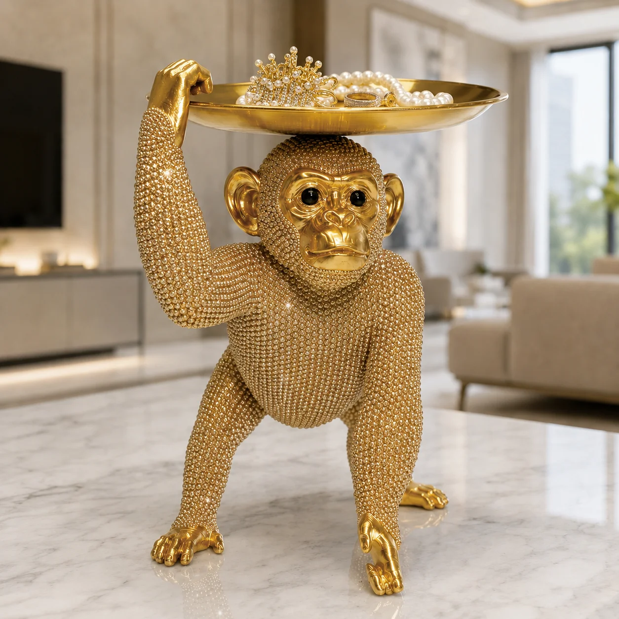 1PC Gold Gorilla Resin Storage Tray Crystal Beaded Monkey Statue Jewelry Dish Decorative Figurine for Living Room Office Gift