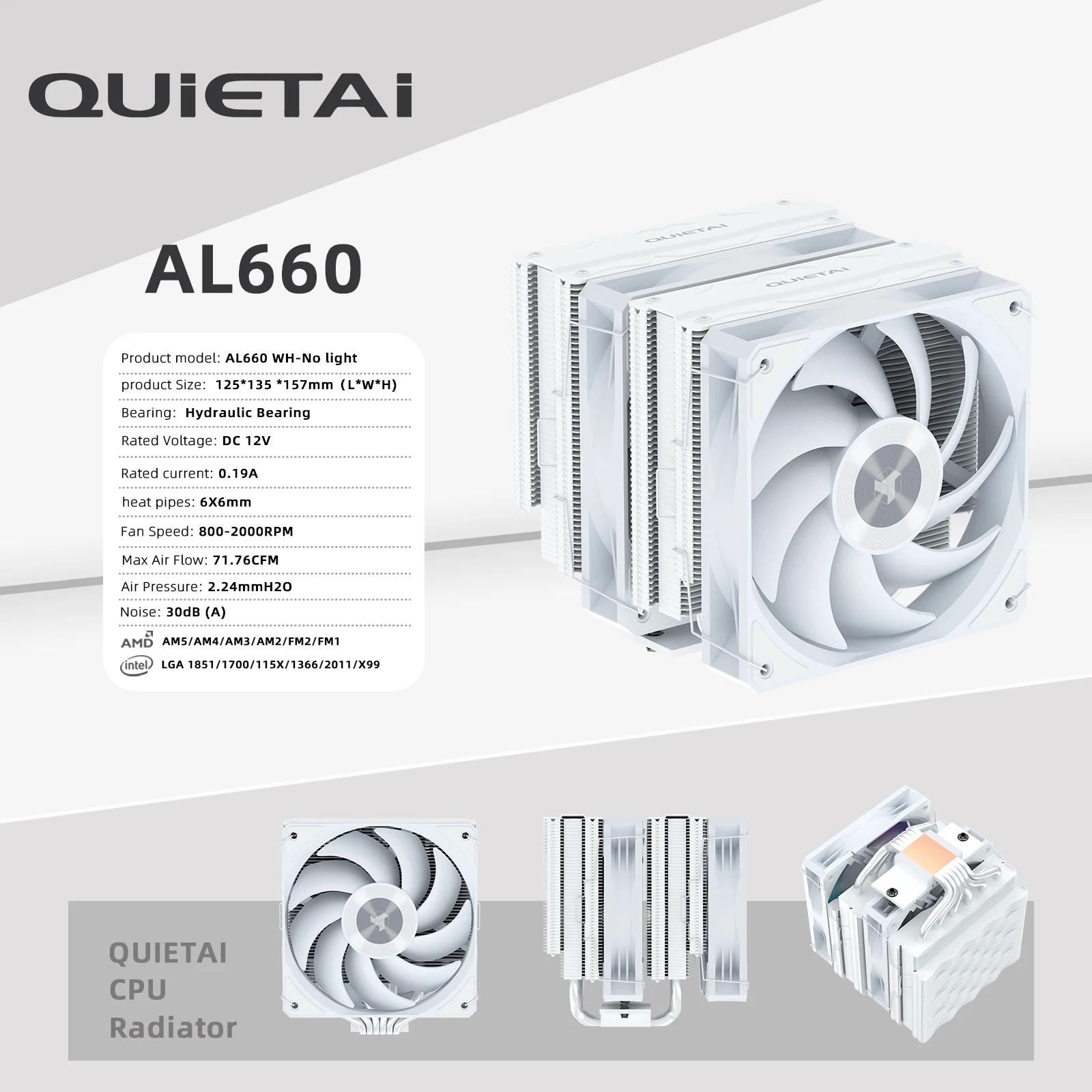 QUIETAI AL660 CPU Cooler with Six Copper Tube Double-Tower for LGA2011-1200-1700-1851-115X & AMD4/AMD5Cooling System