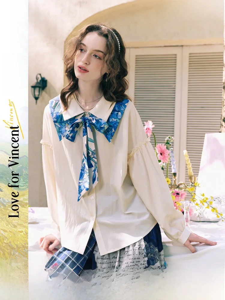 

Van Gogh Artistic Cloud Paper Boat irt Women's Lantern Sve Printed Detachable Collar Winter New Sle Vintage Loose Fit