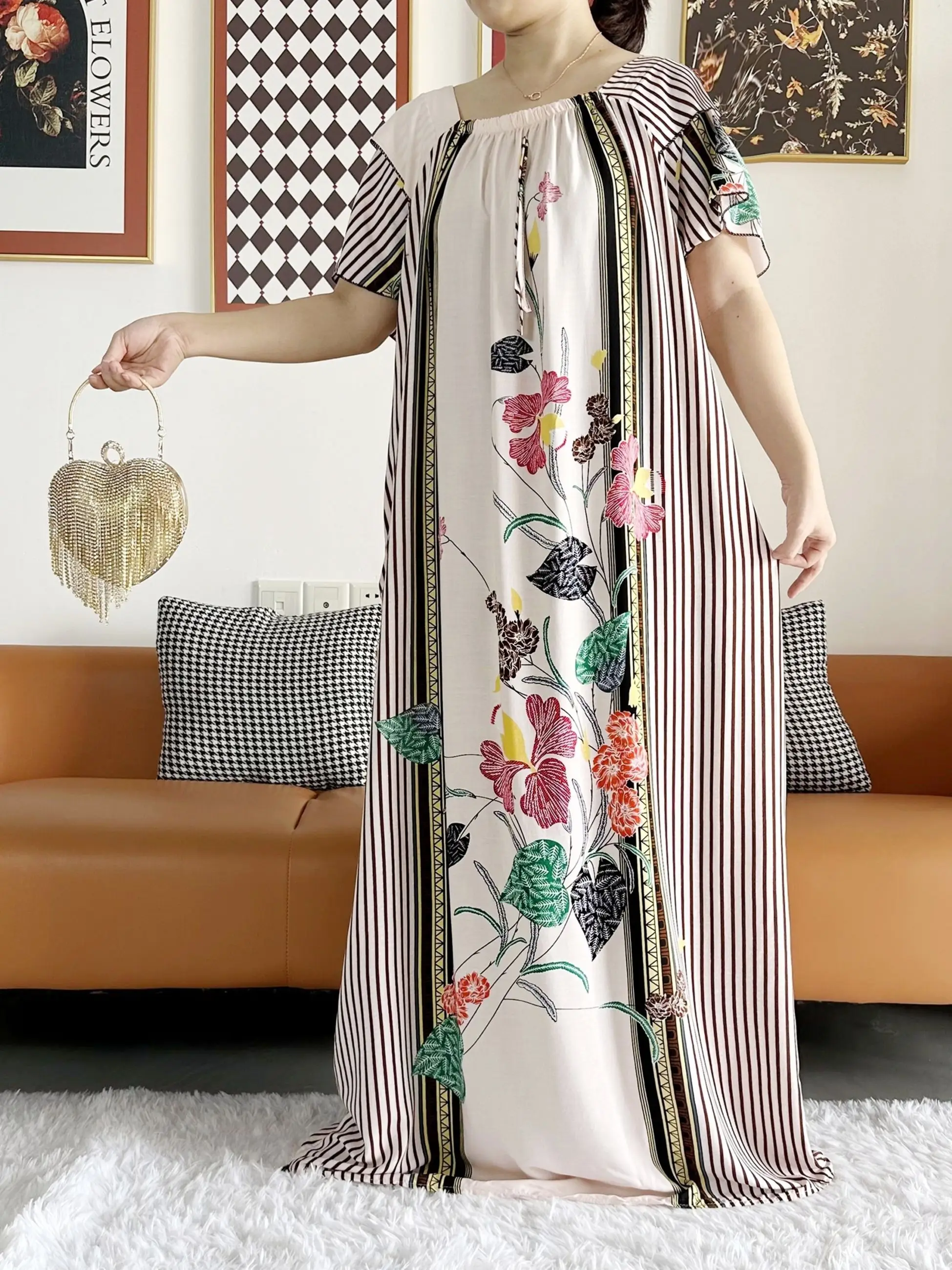 New 2023 Summer Abaya Short Sleeve Dress Dashion Boat-Neck Loose Floral Boubou Maxi Islam Women Dress African Abaya Clothes