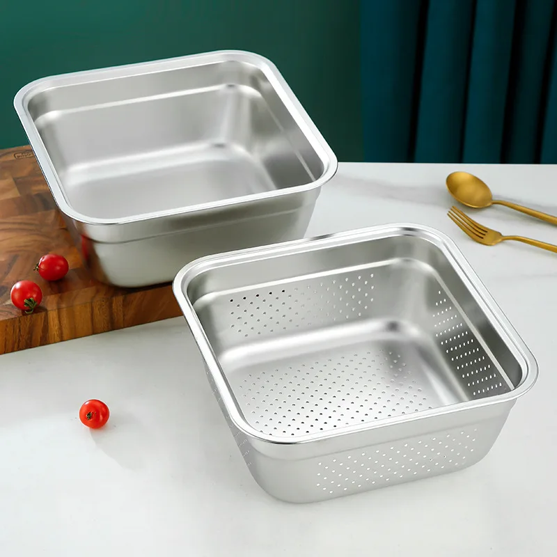 Durable Thick Stainless Steel Food Storage Tray Multifunctional Drain Basin Vegetable Fruit Cleaning Basket Kitchen Tools