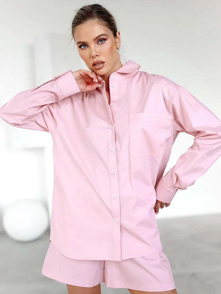 Cotton Women's Suit Pink Long Sleeve Lapel Pocket Buttons Shirt +high Waist Shorts Two Piece Set Female Casual Homewear Outfit