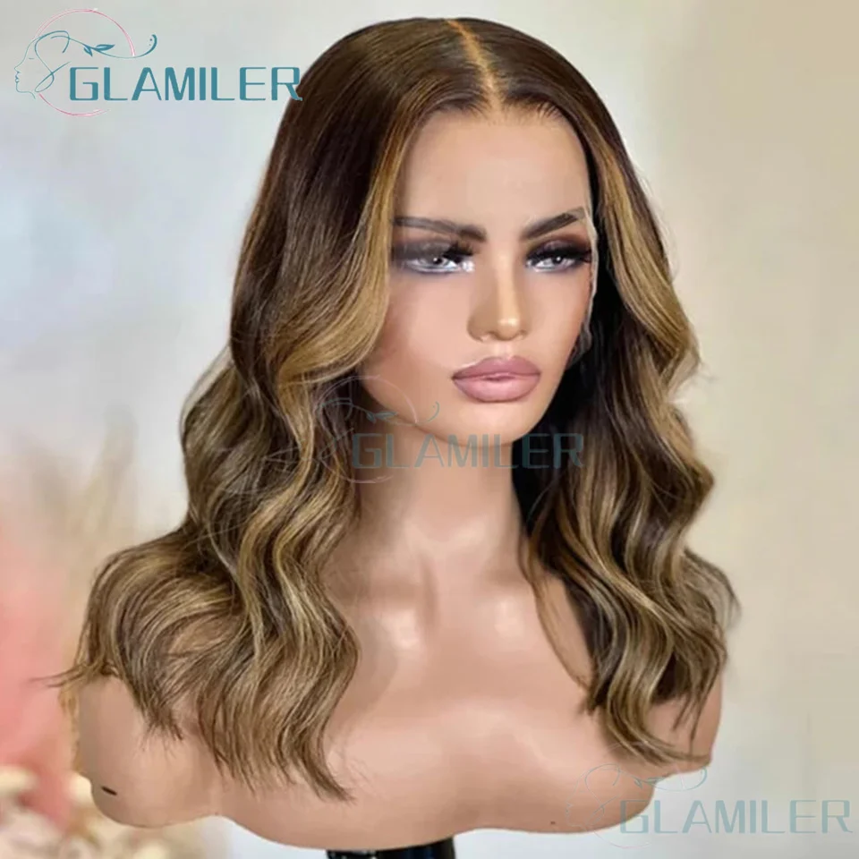 

Brown Blonde Human Hair Glueless Short Bob Body Wave #4/27 Highlight Silk Top Wigs Pre Plucked Short Bob 13x6/360 Lace Front Wig