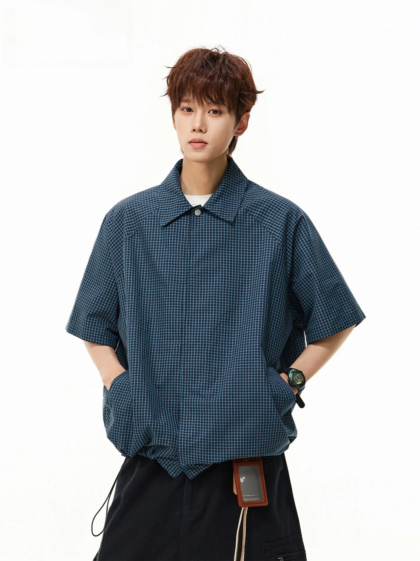 

Мужская летняя рубашка-жакет Miu System в синюю клетку, свободного кроя, с коротким рукавом, повседневная, для пар, в стиле lazy-feeling, модная