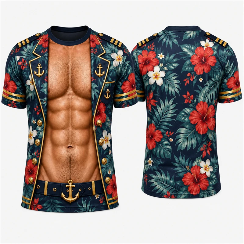 Mens Creative 3D Fake Captain Uniform Muscle Print Short Sleeve T‑Shirt Hawaii Floral Visual Illusion Design Loose Beach Tops